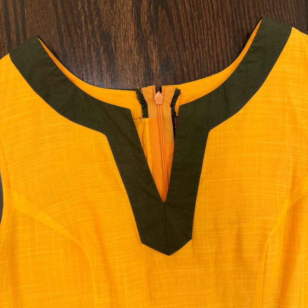 Sleeveless Yellow Embroidered Midi Dress with Dark Green Trim - Picture 7 of 7